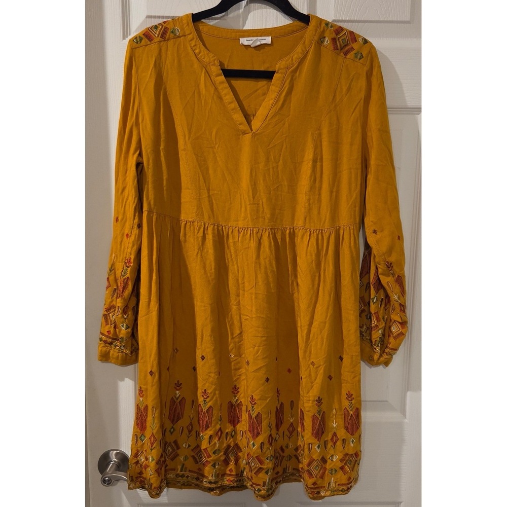 BeachLunchLounge Embroidered Mustard Boho Dress L Fall Pumpkin Patch Babydoll